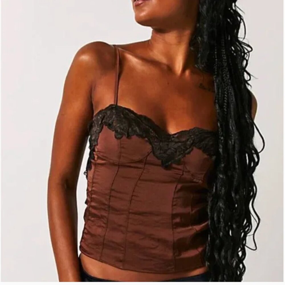 Free People Neon Nights Brown Camisole with Lace Detail XS